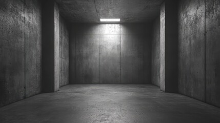 A dimly lit, empty concrete room featuring rough walls, a smooth floor, and a single overhead light creating a stark, minimalist atmosphere.
