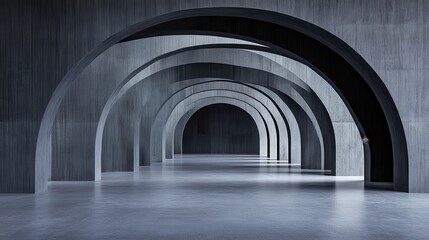 Obraz premium A series of dark, arched passages in a minimalist concrete space, creating a sense of depth and tranquility through symmetry and shadow.