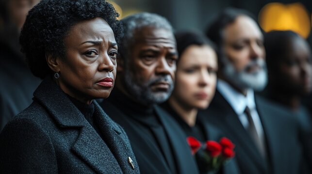 Woman grieves with others at somber occasion