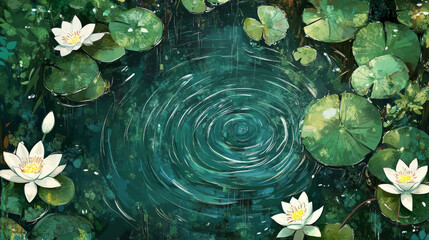 Raindrops create ripples on a serene pond, capturing the peaceful flow of water as droplets fall creating patterns across the surface. AI generative