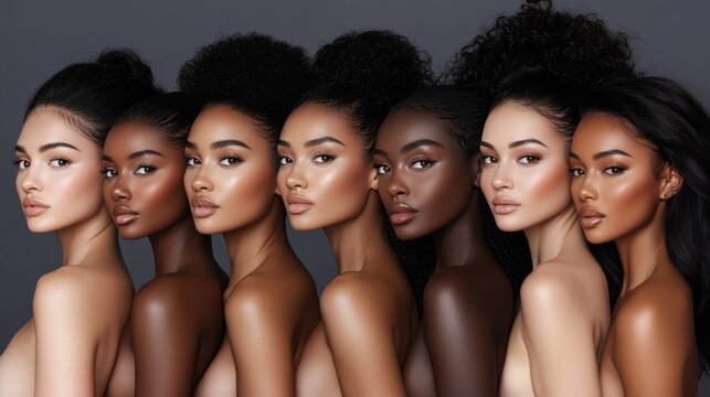 A striking lineup of diverse women showcasing various skin tones and natural hairstyles, celebrating beauty and diversity.