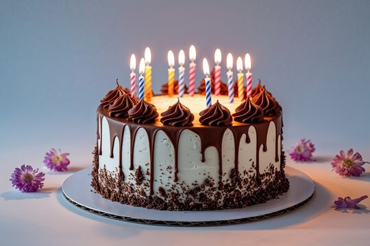 Stunning Birthday Cake Illuminated by Candlelight with Chocolate Accents on Pristine White Background
