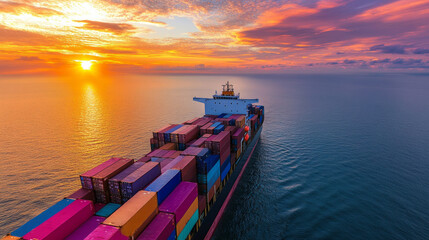 A cargo ship at sunset with vibrant skies and calm sea creates a tranquil maritime scene. AI generative
