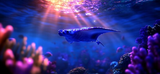 Fototapeta premium A Majestic Manta Ray Glides Through a Vibrant Underwater Coral Reef Scene