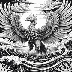 Majestic Griffin Exquisite Black and White Vector Line Art of a Majestic Garuda with Expansive Wings
