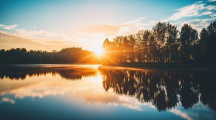 Fototapeta premium Serene Sunrise Over a Calm Lake, Golden Hour Reflection of Trees