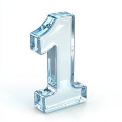 Number 1 made of transparent glass with light reflections isolated on a clean white background