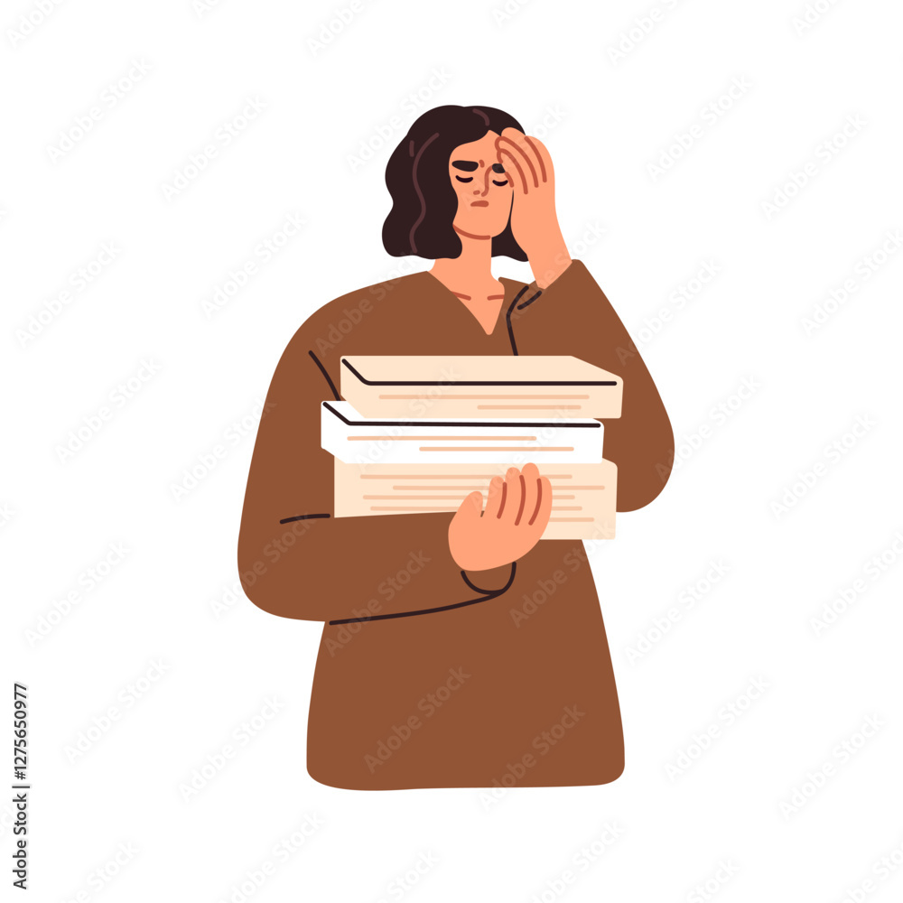 Poster Tired employee holding documents stack. Overworked upset office worker overloaded and bored with business papers, paperwork, bureaucracy. Flat vector illustration isolated on white background
