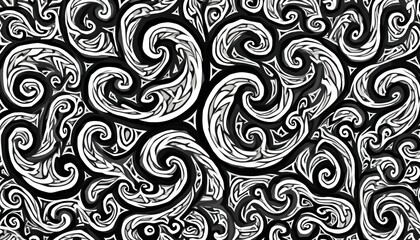 Monochrome polynesian tribal art visual with intricate swirl pattern. Maori tattoo style abstract design. Black and white seamless pattern texture. Pacific island native artwork print.
