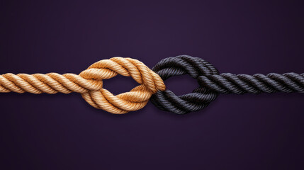 close up of intertwined ropes, one golden and one black, symbolizing unity and connection. contrasting colors create striking visual impact against dark background