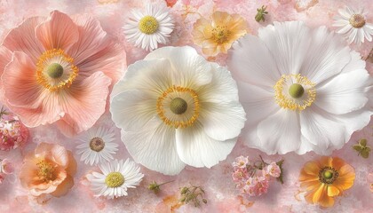 Gentle Floral Art, Dreamy Composition of Daisies and Wildflowers on a Soft Pastel Background