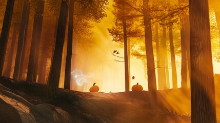 Golden Autumn Forest Path with Mystical Creatures and Pumpkins