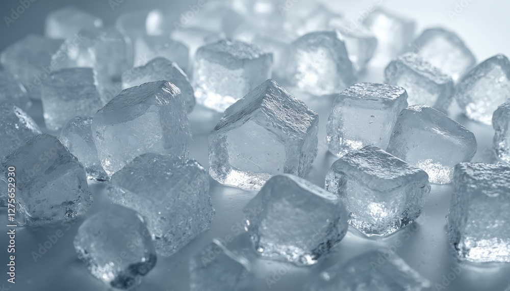 Poster macro photo with clear wet ice cubes pile with light blue color. abstract cold ice cube background, 