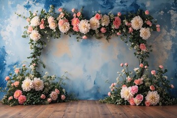 Floral Themed Childhood Milestone Celebration Backdrop with Unique Painted Wall Texture