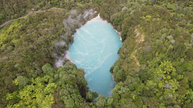Drone view at Inferno crater of Waimangu Volcanic Valley national park on New Zealand