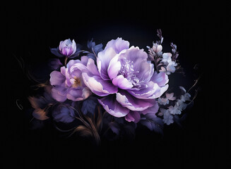 Elegant floral art featuring purple and white peonies with lush petals, beautifully arranged against a stark dark background.