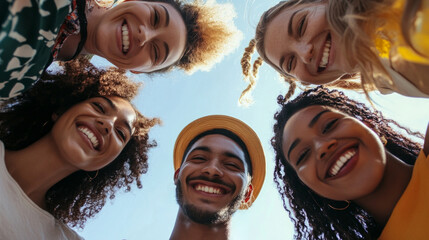 Diverse group of volunteers joyfully interacting during a charity event in a vibrant outdoor setting on a sunny day