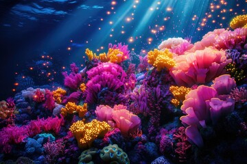 Fototapeta premium Vibrant underwater coral reef scene with glowing particles, showcasing diverse coral species in a colorful display.