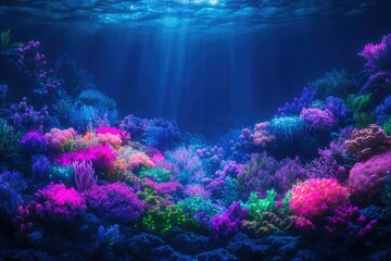 Naklejka premium Vibrant underwater scene showcasing a colorful coral reef teeming with diverse marine life under a sunlit ocean.