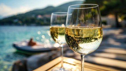 Obraz premium Elegant wine glass filled with crystal-clear water beside a serene waterfront during sunset