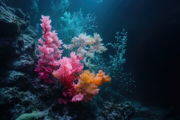 Fototapeta premium Vibrant coral reef thrives in deep ocean, showcasing diverse colors and textures.