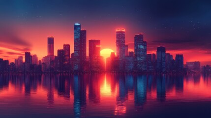 Obraz premium Stunning Sunset Over a Modern City Skyline with Reflections in Water