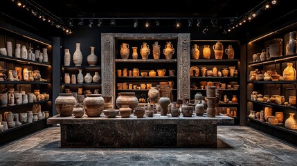 Ancient pottery display in museum exhibition hall
