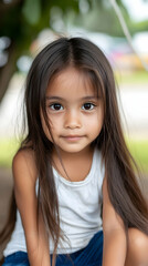 Fototapeta premium Portrait of a young girl with long hair conveying innocence and curiosity in a natural outdoor setting during daylight