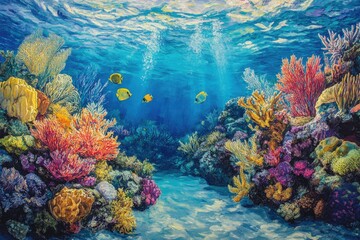 Naklejka premium Vibrant underwater scene showcasing diverse coral reefs and colorful fish, a breathtaking view of ocean life.