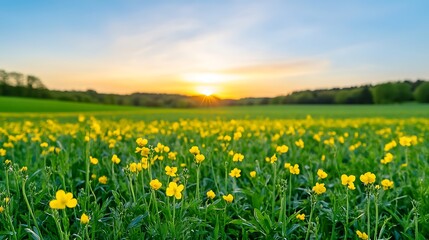 Fototapeta premium Sunset over a field of yellow wildflowers.