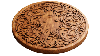 A round wooden coaster with an engraved intricate floral pattern, showcasing a natural wood texture, isolated on a transparent background.