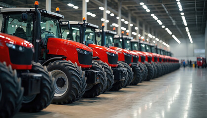New red tractors lined up in row at factory. Precise lineup agricultural machinery showcasing latest advancements farming tech. Heavy industrial equipment for agribusiness. Tractor exhibition.