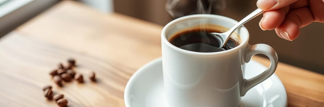 Close-up of a hand stirring coffee with a spoon in a cup, creating a refreshing morning beverage, caffeine, coffee