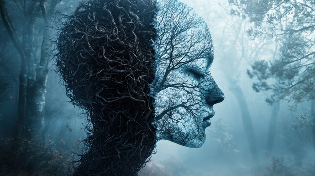 Mind divided into contrasting halves, one side dark and tangled, the other bright and serene, symbolizing cognitive restructuring in artistic form