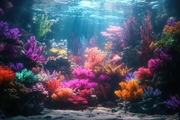 Fototapeta premium Vibrant underwater scene showcasing a diverse array of colorful coral reefs bathed in sunlight.