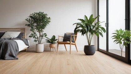Fototapeta premium Minimalist Space with Potted Green Plant and Wooden Flooring