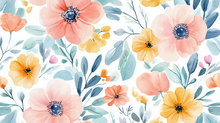 Hand-painted watercolor floral pattern featuring pastel blooms created with delicate brush strokes