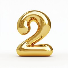 Number 2 made of polished gold with smooth reflections isolated on a clean white background