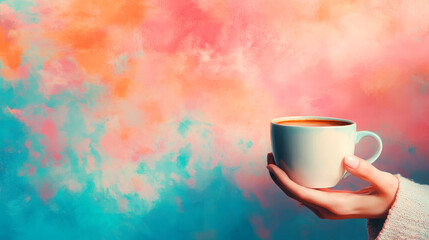 A hand holding a cup of coffee against a colorful background.