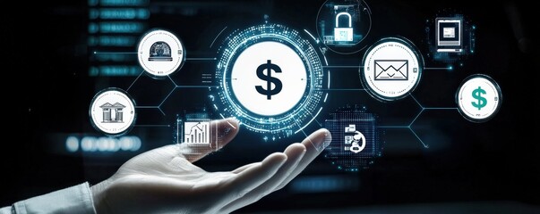 Fototapeta premium Digital hand showcasing financial icons and currency symbol.