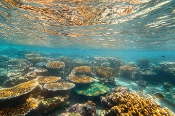 Naklejka na ściany i meble Vibrant underwater scene showcasing diverse coral reef formations teeming with marine life, bathed in sunlight.