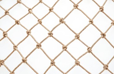 Fototapeta premium Rope grid with square form isolated on white. Beige cord texture with knots, nautical style backdrop. Rustic vintage netting design element. Transparent marine pattern.