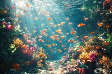 Naklejka premium Vibrant coral reef teeming with life, sunbeams illuminating colorful fish and diverse coral formations.