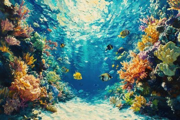 Naklejka premium Vibrant underwater scene showcasing a coral reef teeming with colorful fish and diverse marine life.