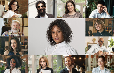 Central portrait of woman in white blouse surrounded by virtual colleagues in creative digital collage against modern workspace. Concept of leadership, professional networking, online teamwork.