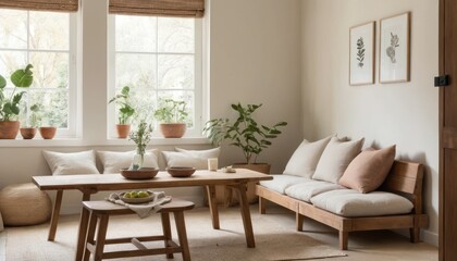 Cozy Room with Low Wooden Table, Soft Cushions, and Natural Color Palette