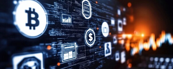 Obraz premium Digital currency icons on a futuristic interface background.
