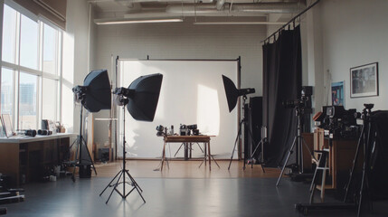 Modern influencer workspace featuring professional photography gear, creative setup, and natural lighting