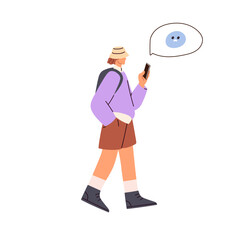 Walking, chatting online. Going, holding, looking at phone in hand, sad emoji reaction in message. Reading negative news on smartphone. Flat vector illustration isolated on white background