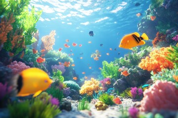 Naklejka premium Vibrant underwater scene showcasing diverse coral reef ecosystem with colorful fish swimming amidst various coral formations.